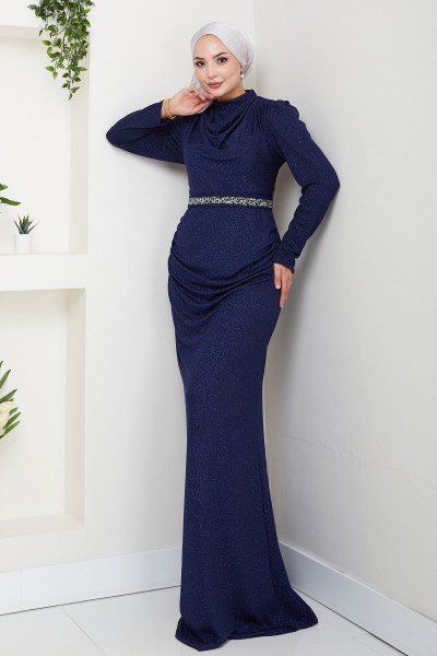 Tane Şık Taş Detaylı Tesettür Abiye - Lacivert